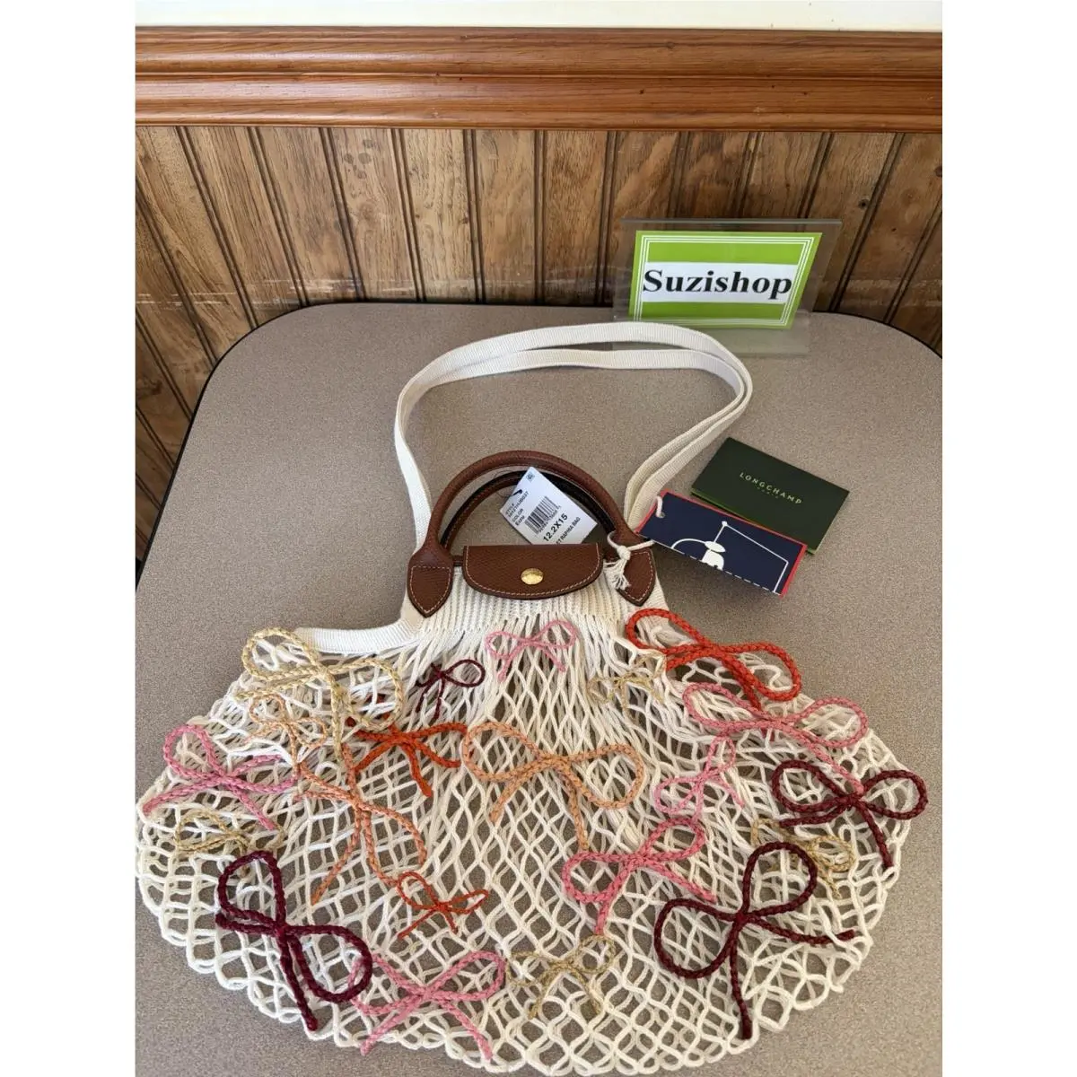 Longchamp Le Pliage Filet Raffia Bows Mesh Knit with Top Handles Made In France