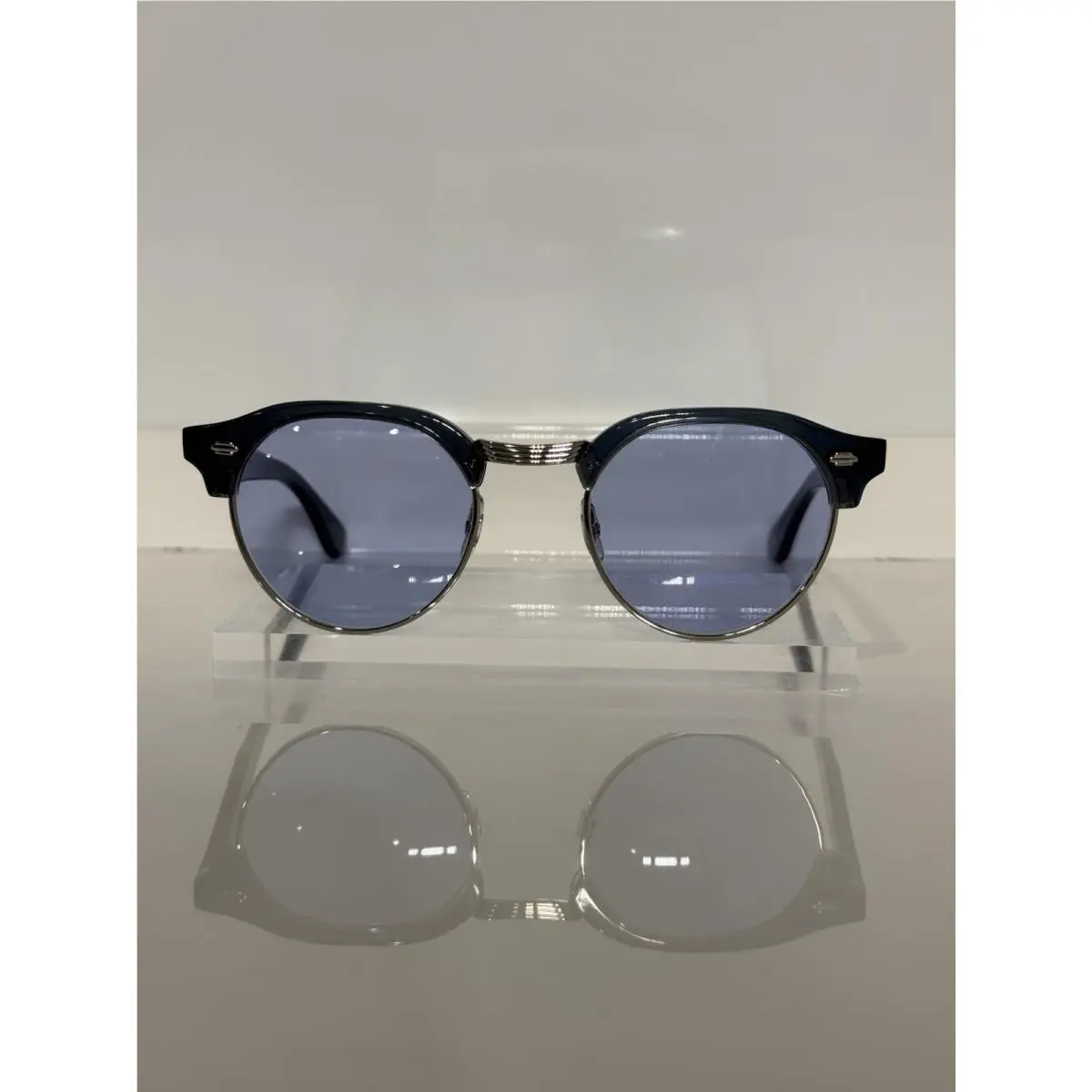 Garrett Leight Oakwood Blue Silver Round Metal Custom Blue Tint Sunglasses