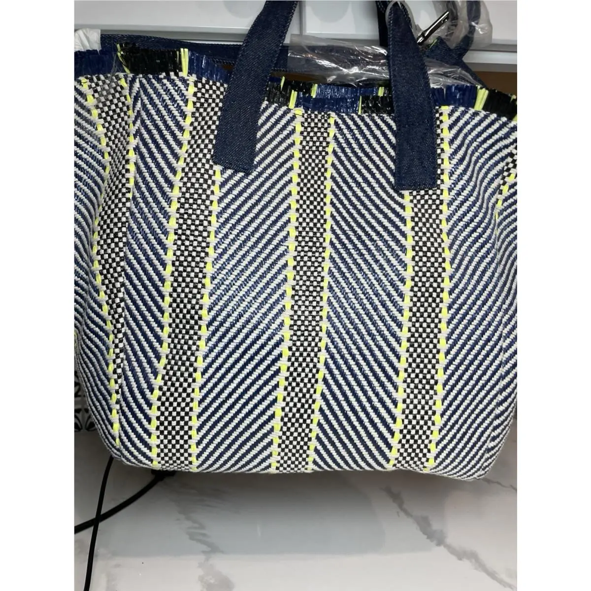 Brumi Womens Woven Geometric Pattern Tote Bag Blue White Neon Green by Steve Madden