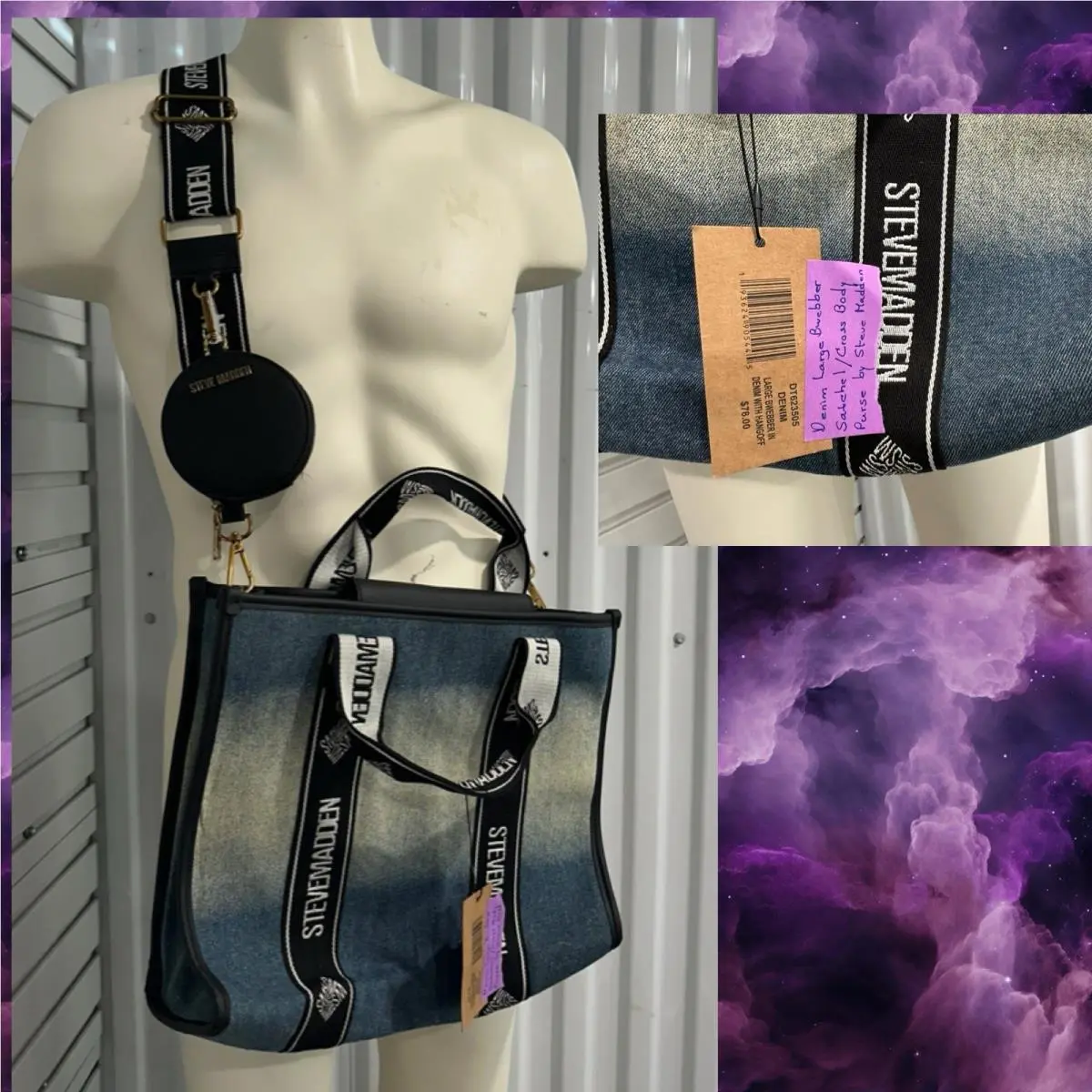Tote Bag Denim Bwebber Satchel Crossbody Purse W Hangoff by Steve Madden