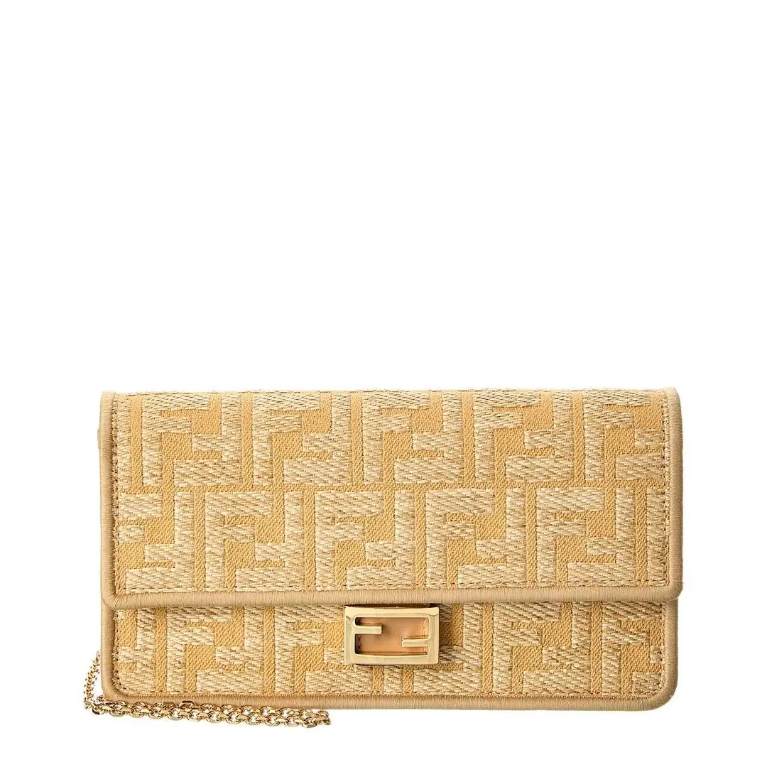 Fendi Baguette Ff Jacquard Raffia Leather Wallet On Chain Women`s Beige