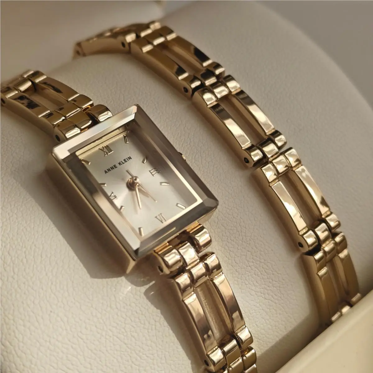 Anne Klein Womens Gold Tone Rectangular Slim Watch Bracelet White Set