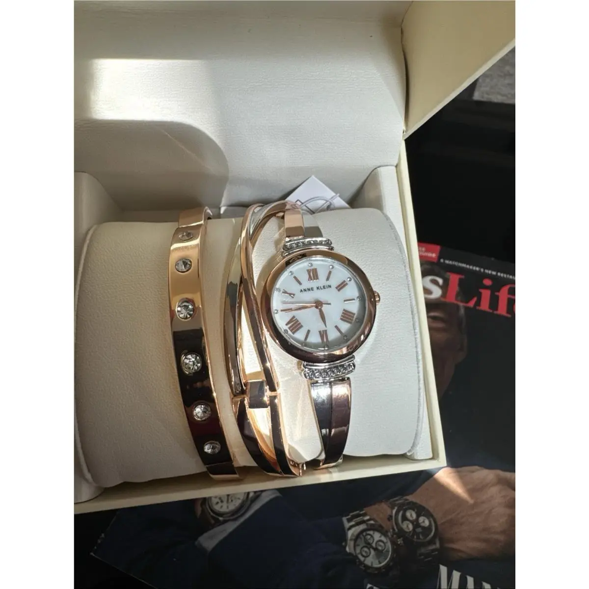 Anne Klein Women`s Premium Crystal Accented Bangle Watch Set Rosegold/silver