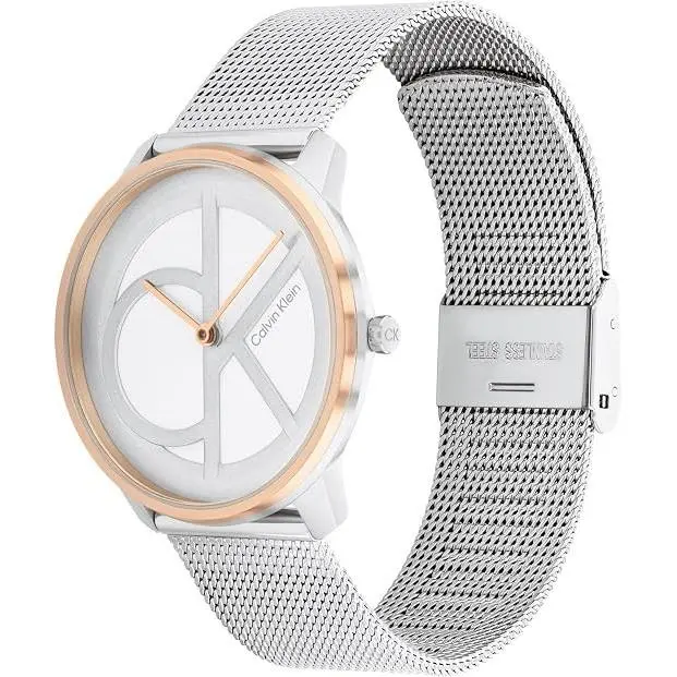 Calvin Klein Iconic Silver/rose Gold 35mm White Dial Mesh Band Watch