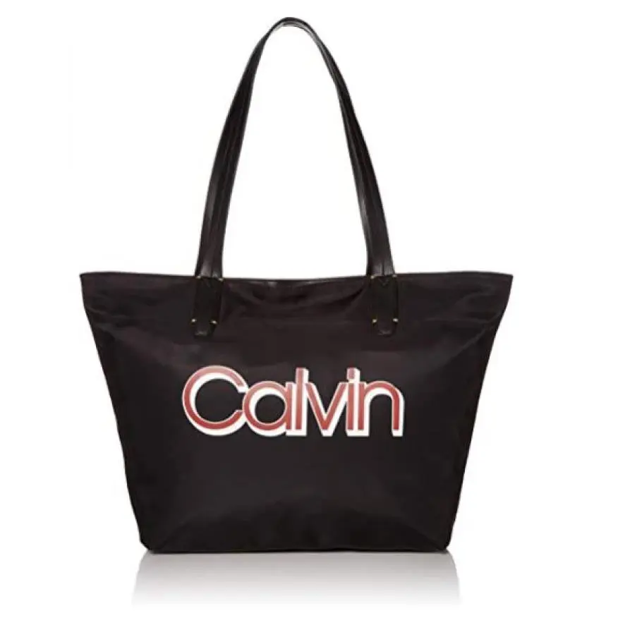 Large Tote Black Nylon Leather Signature Logo Top Zip by Calvin Klein