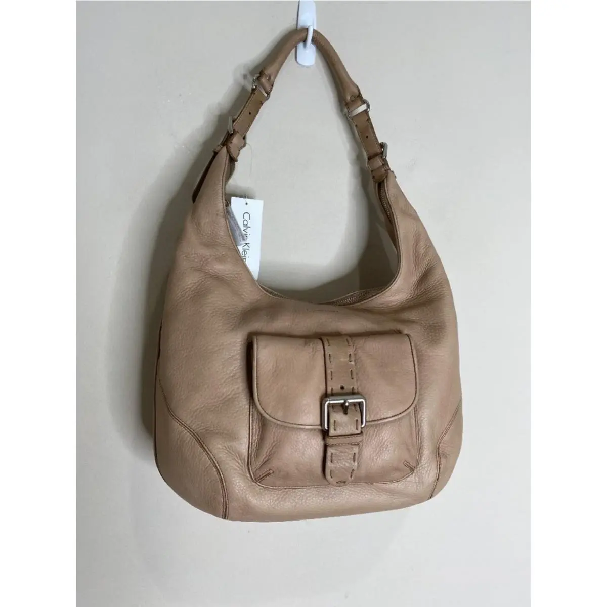 Calvin Klein Classic Pebble Beige Leather Shoulder Hobo Handbag
