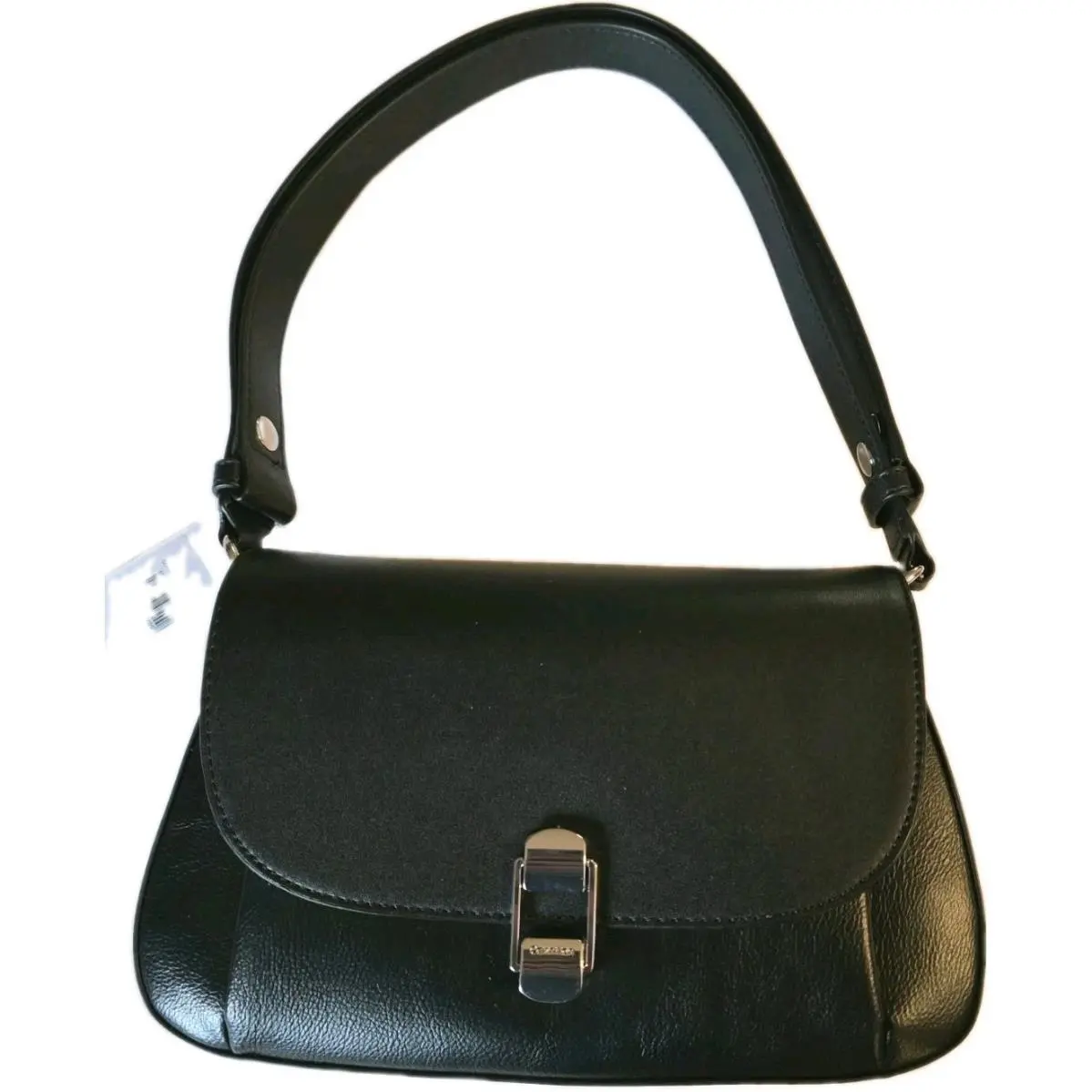 Calvin Klein Smooth Black Leather Shoulder Bag Purse Silver Hardware