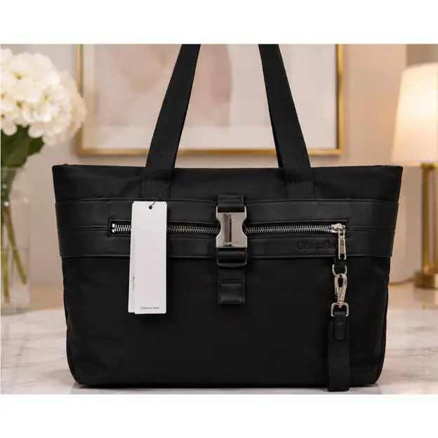 Calvin Klein Black Nylon Tote Bag Silver Hardware Laptop Travel Work Tote