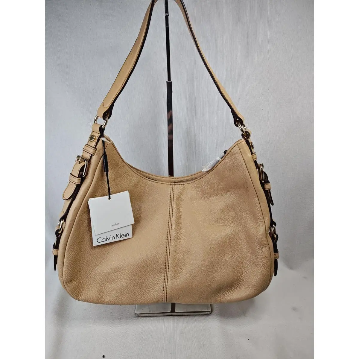 Calvin Klein Pebbled Leather Hobo Beige Bag Shoulder Purse H4ACA2FM