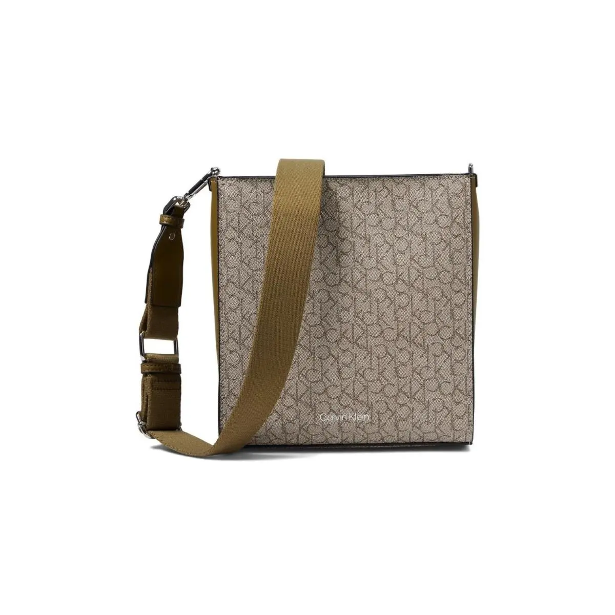 Calvin Klein Maddi Crossbody Purse Mini Textured Logos Almond Taupe Olive Brown