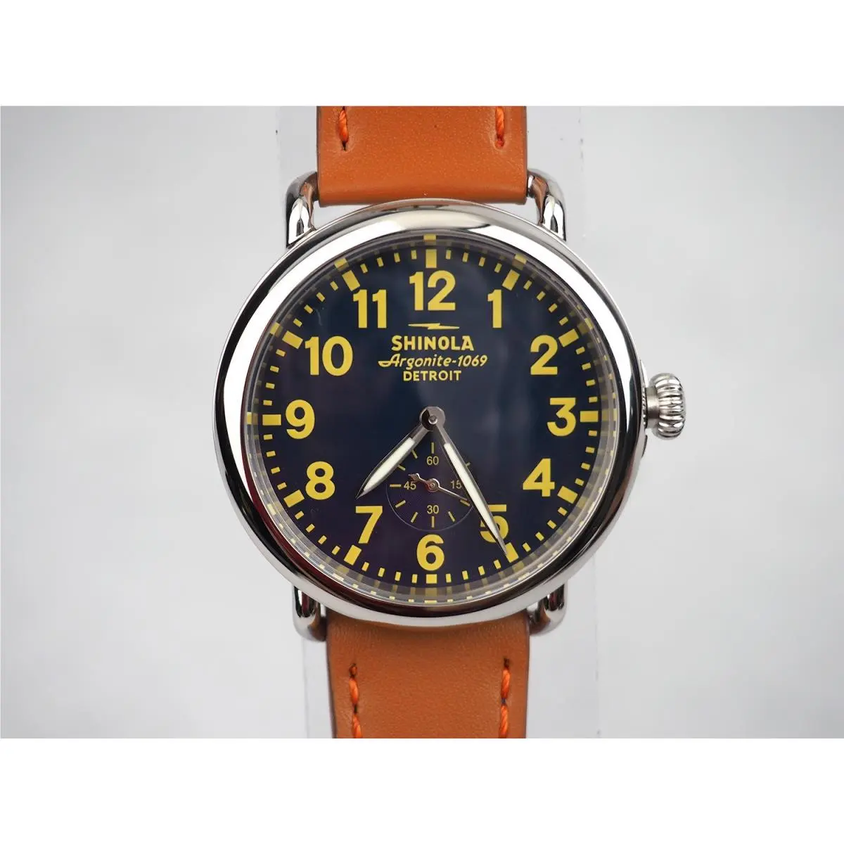 Men`s Shinola Runwell 41mm Collegiate Dial Brown Leather Strap Quartz Watch