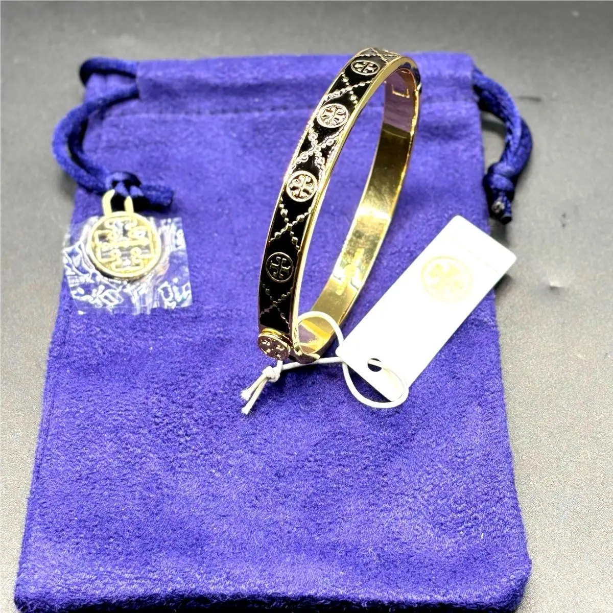 Icon Double T Black Gold Tone Hinged Women’s Bracelet by Tory Burch