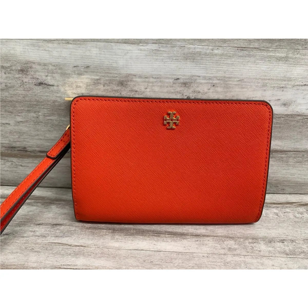 Tory Burch Leather Zip Wristlet Wallet Orange with Gold Logo PO1013393