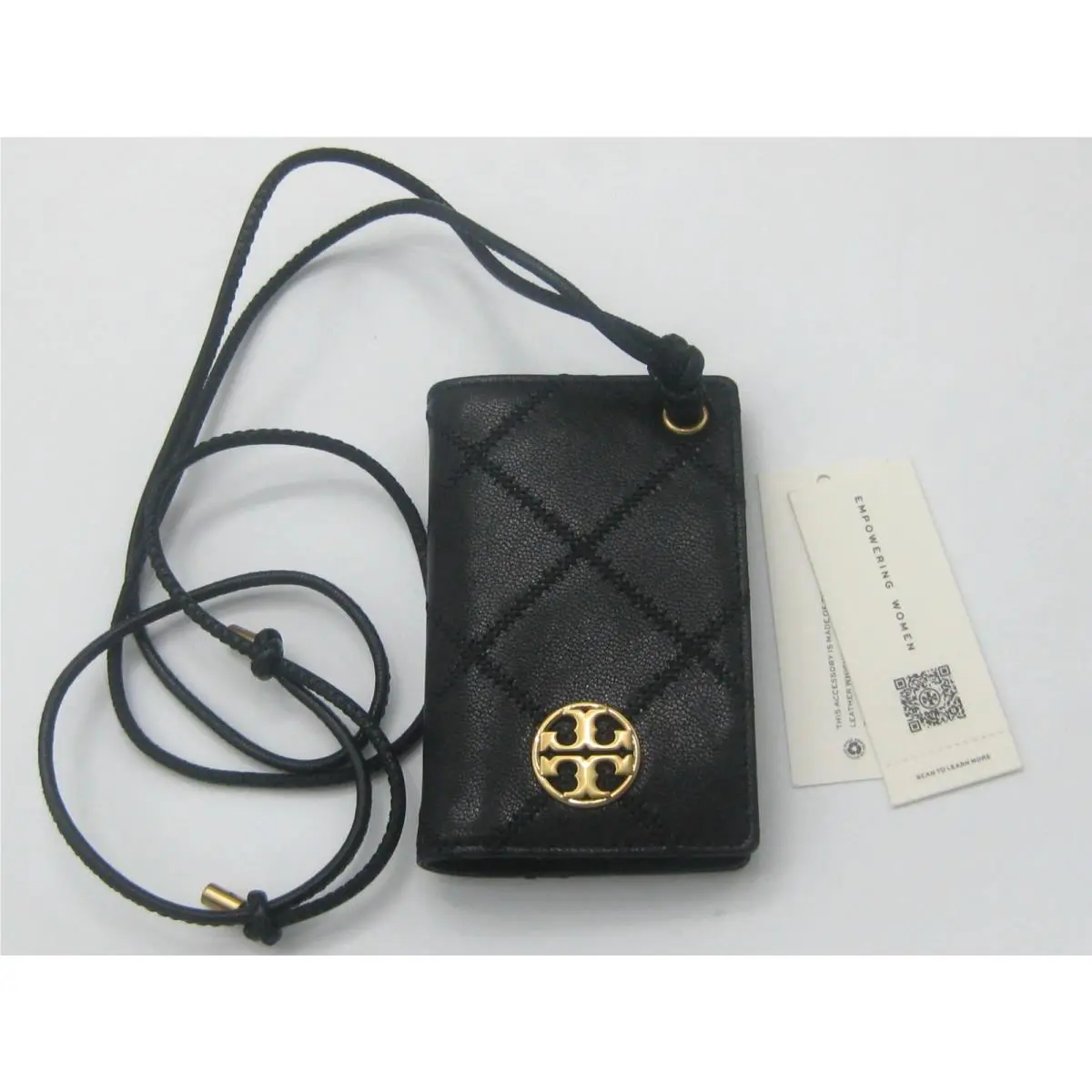 Tory Burch Willa Black Leather Lanyard Card Case Holder