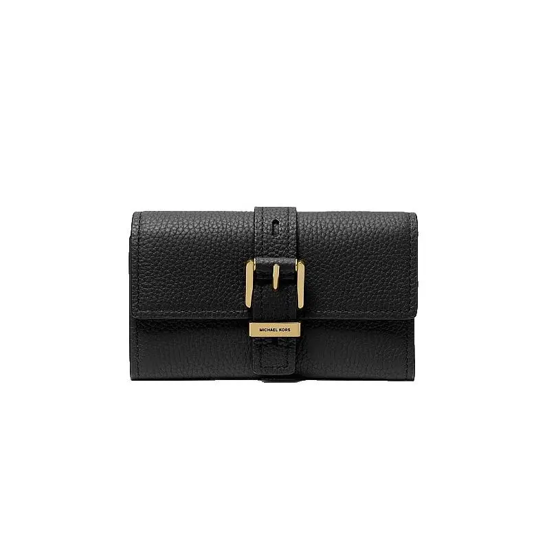 Michael Kors Nolita Black Leather Buckle Detail Medium Flap Trifold Wallet