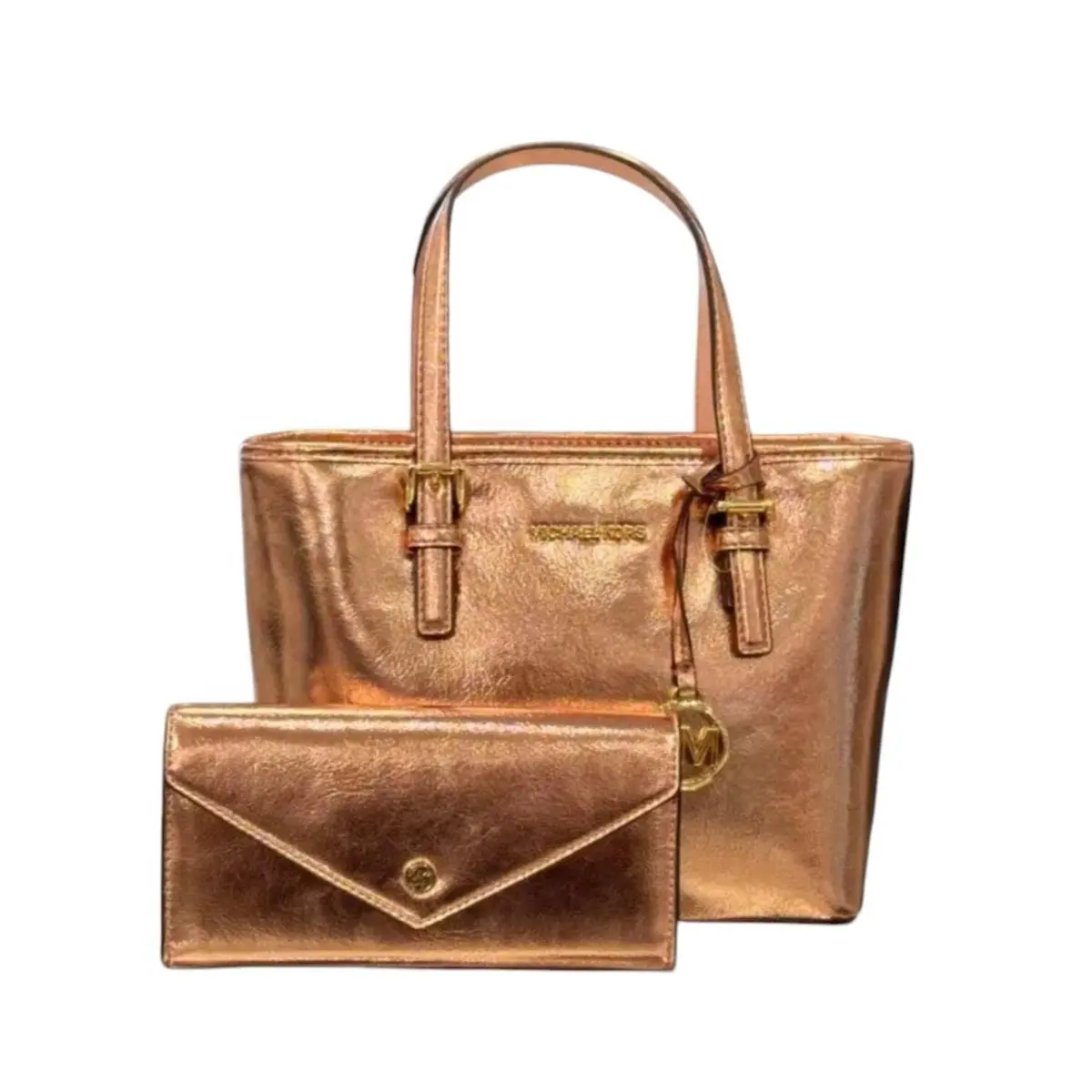 Michael Kors Jet Set XS Tote Shoulder Patent Vegan Leather Bag + Wallet Primrose