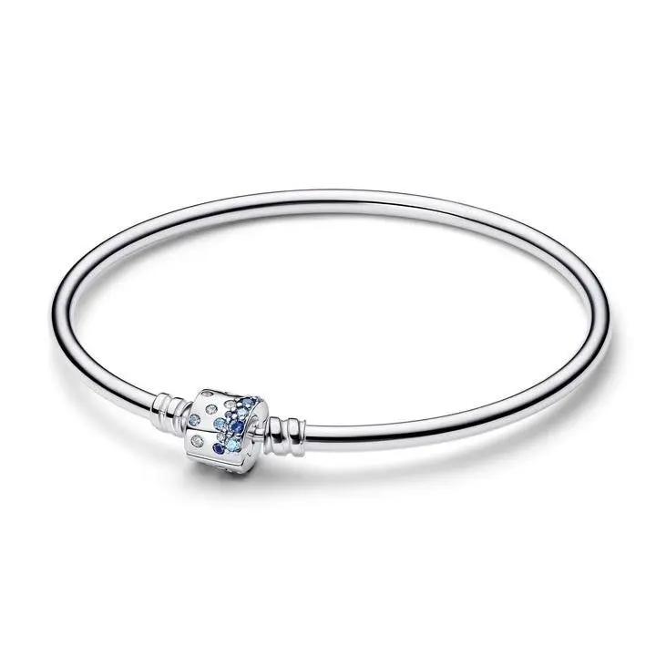 Sparkling Barrel Clasp Bangle Sterling Silver Blue Crystal Bracelet by Pandora