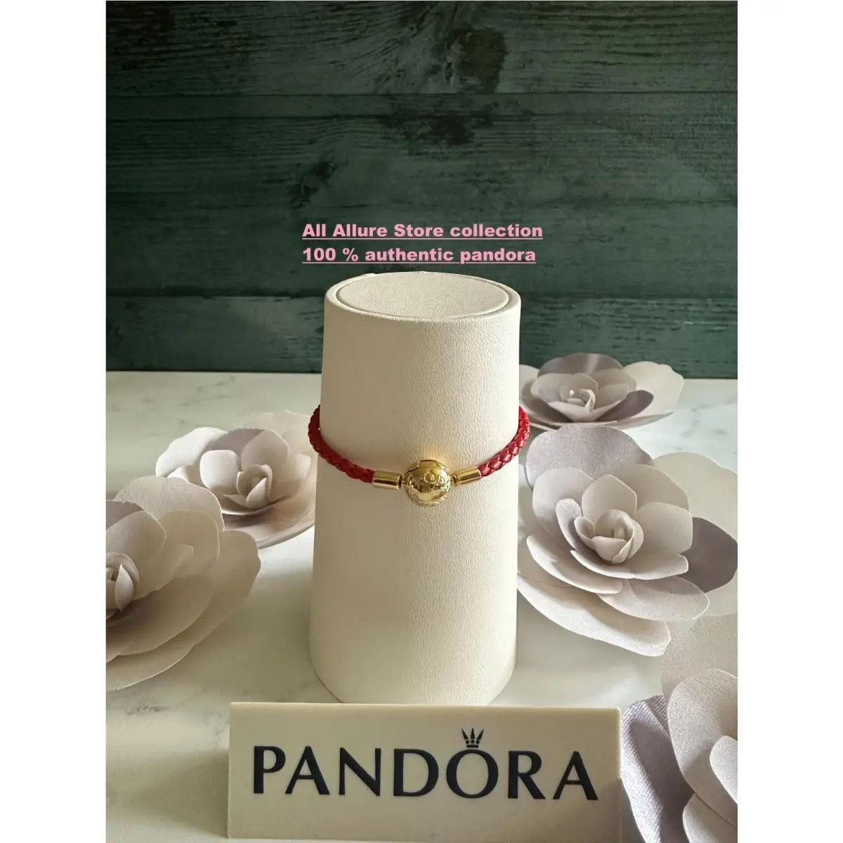 14K Gold Plated Silver Red Woven Leather Charm Bracelet Size S3 20.5cm by Pandora