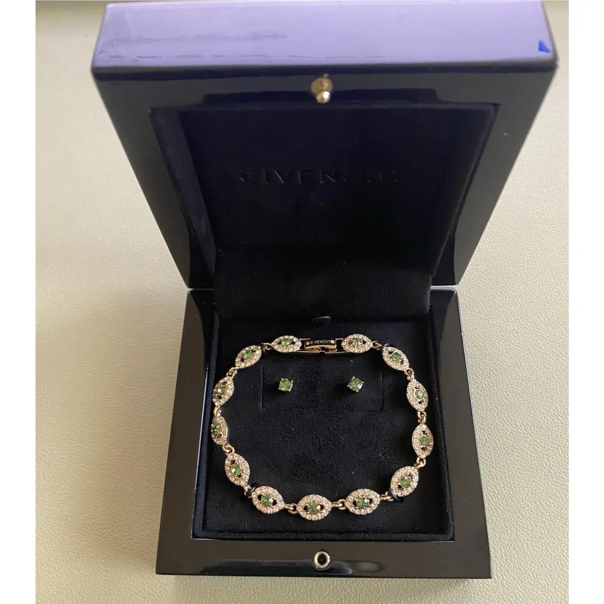 Green Crystal with Czs Gold Color Tennis Bracelet 8.0 Earrings Set by Givenchy