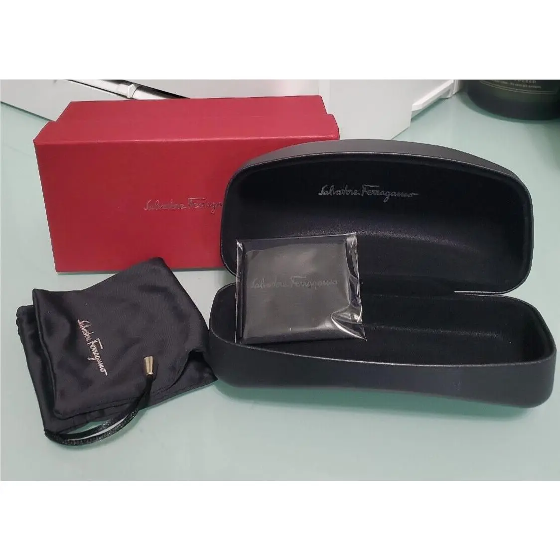 Large Sunglasses Black Leather Clamshell Case+cleaning Cloth by Salvatore Ferragamo