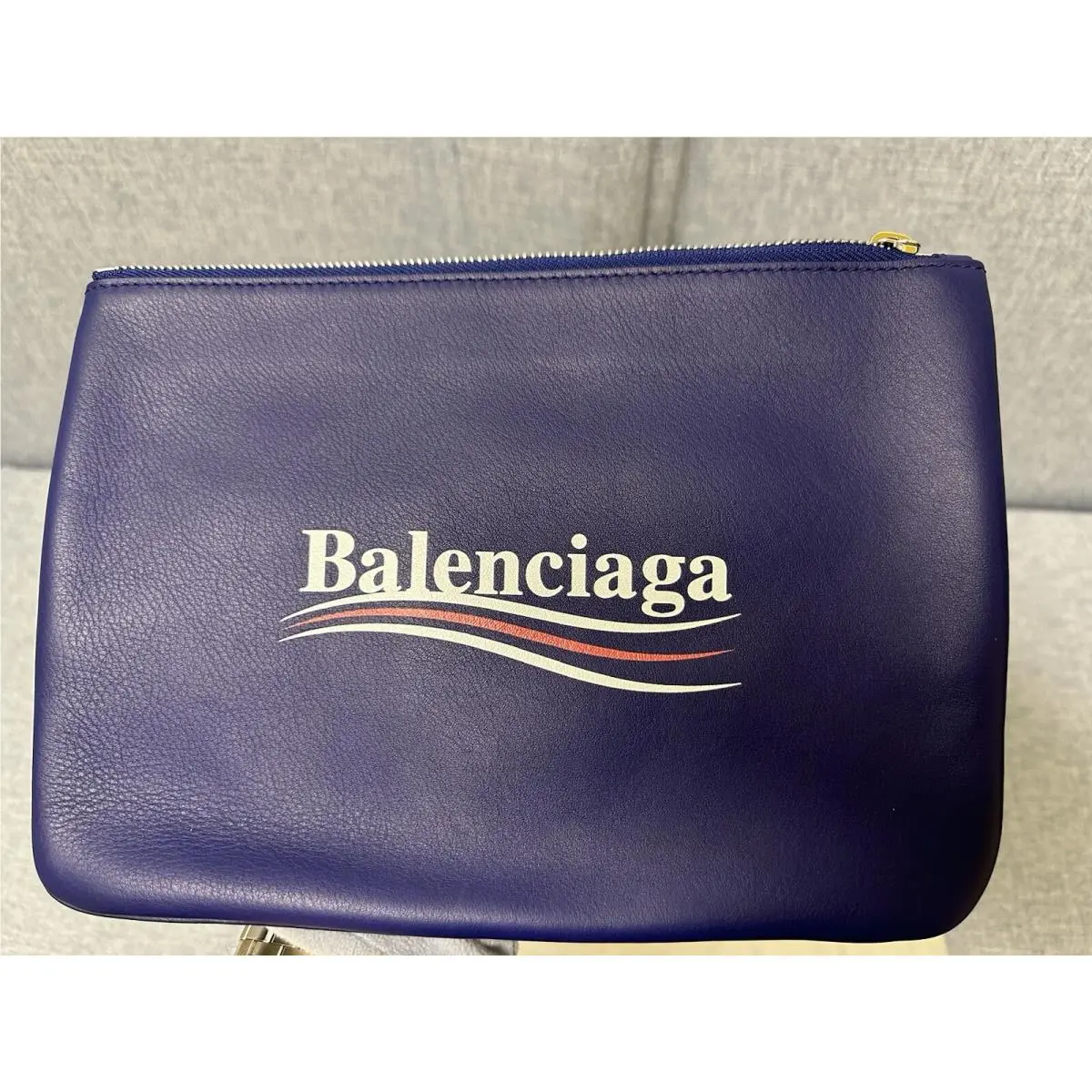 Balenciaga Leather Explorer Campaign Logo Zip Clutch Pouch Blue 10x7”