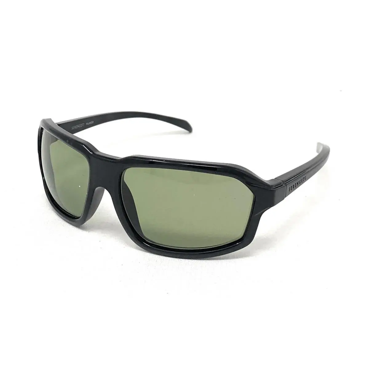 Serengeti Hext SS571002 Unisex Black Polarized Wrap Rectangle Sunglasses 63mm - Shiny Black, Frame: Shiny Black, Lens: Green