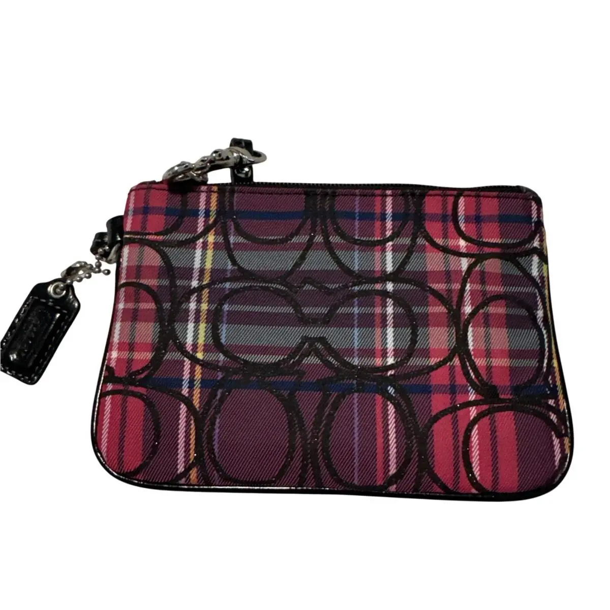 Coach Poppy Tartan Plaid Wristlet Red Purple C Logo Glitter F44127