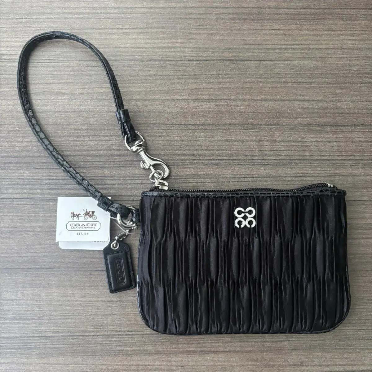 Coach Ruched Pleated Satin Fabric Zip Wristlet Wallet Purse Black 6”x 3.75”