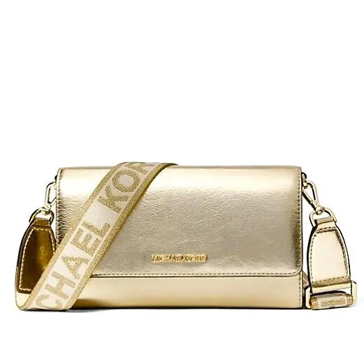 Michael Kors Jet Set Item Large Wallet Crossbody Metallic Leather Pale Gold