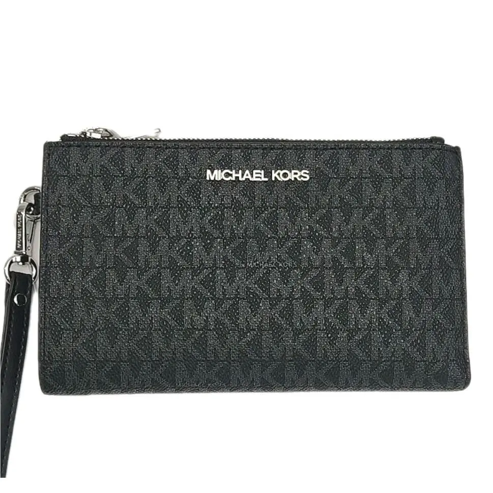 Michael Kors Wristlet Wallet Phone Black Gray Jet Set Double Zip 7.25x4.25