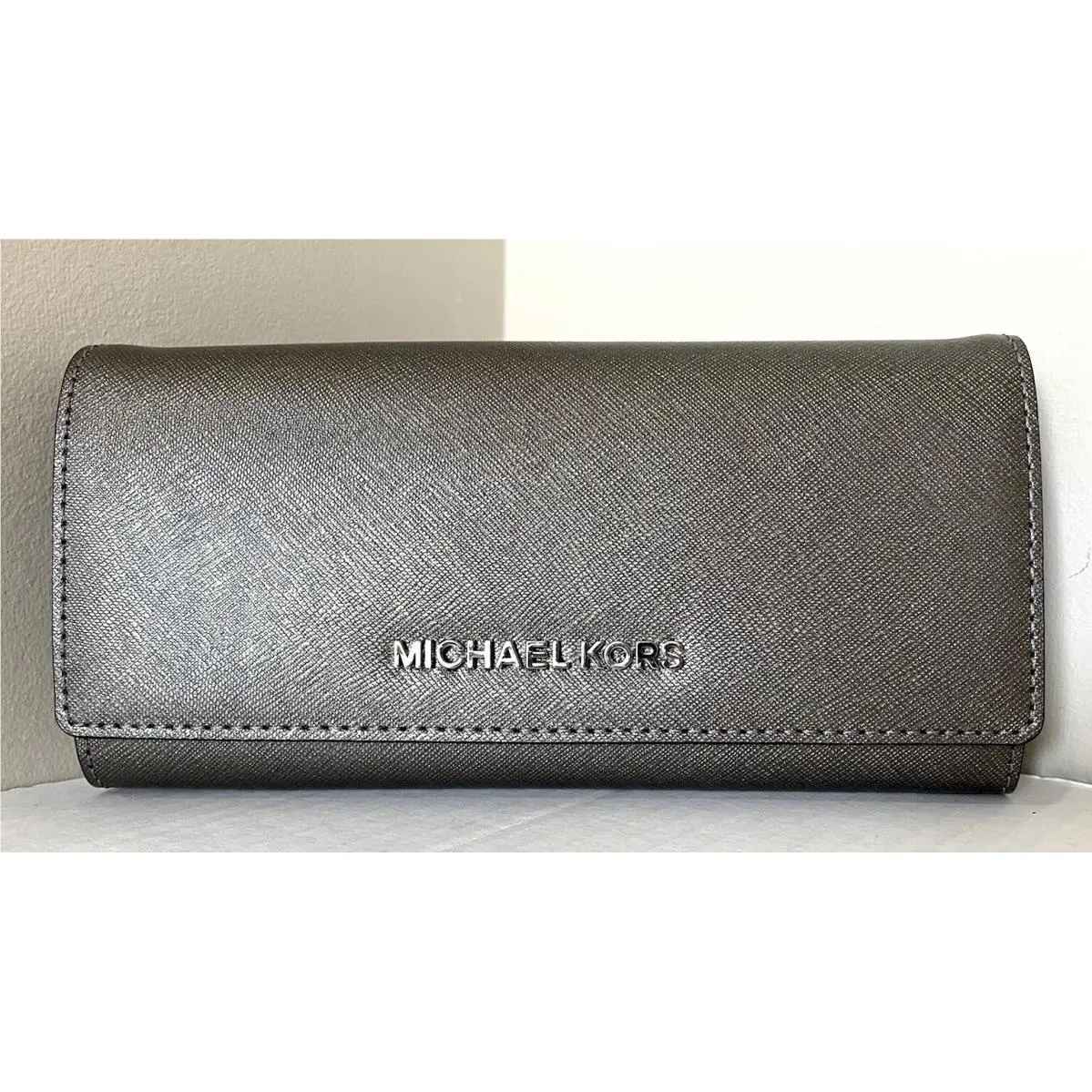 Michael Kors Jet Set Travel Carryall Flap Wallet Metallic Leather Nickel