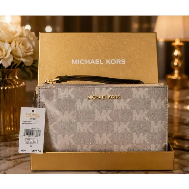 Michael Kors Jet Set Double Zip Wristlet Pearl Grey MK Logo Boxed