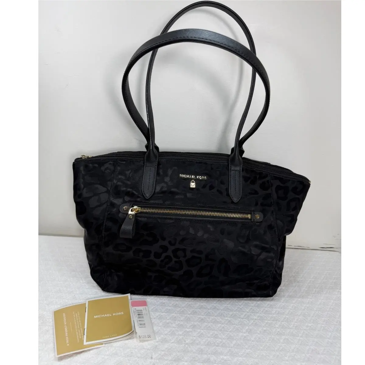 Michael Kors Kelsey Black Nylon Leopard Print Tote Bag Gold Hardware