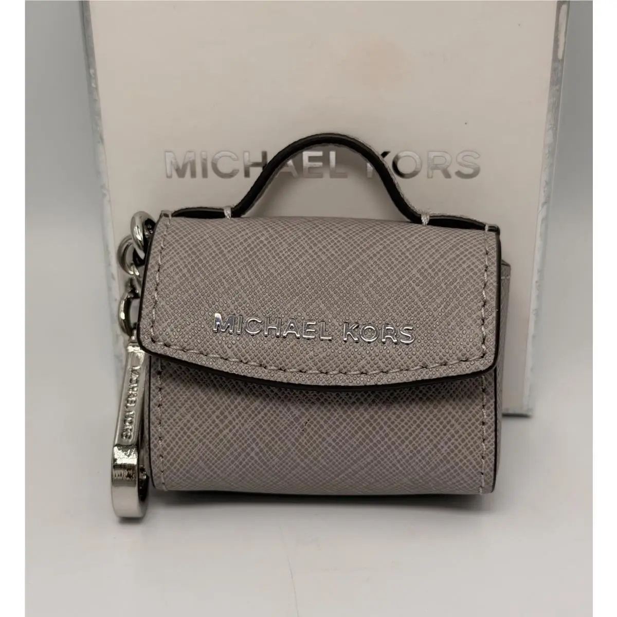 Michael Kors Mini Ava Bag Charm Key Fob Keychain Pearl Grey Fits Airpods Pro