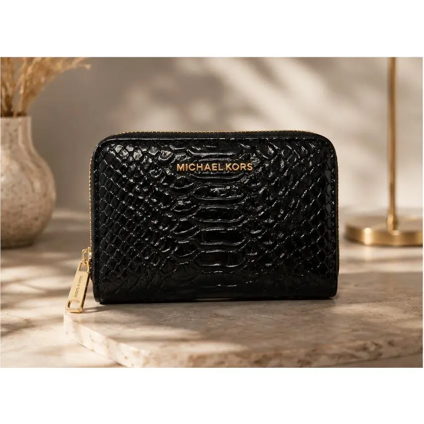 Michael Kors Bryant Black Embossed Leather Zip Around Card Holder Wallet