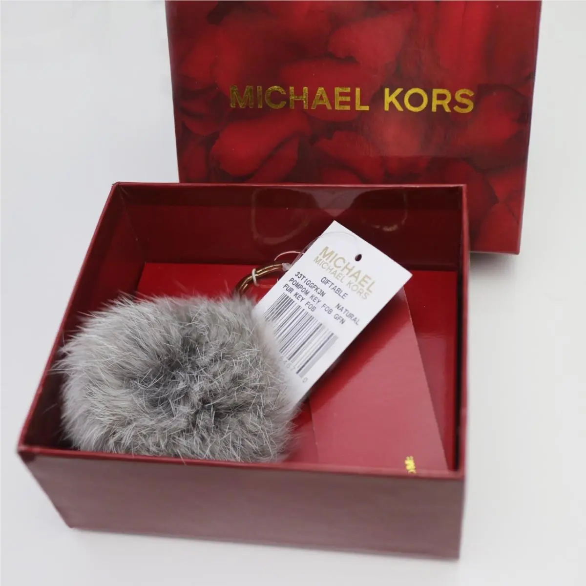 Michael Kors Large Fox Fur Love Gray Pom Pom Key Fob Bag Charm in Gift Box