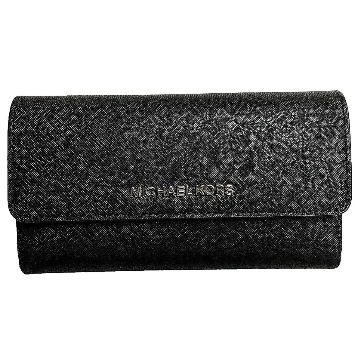 Michael Kors Jet Set Travel Large Trifold Wallet Leather Black with Silver