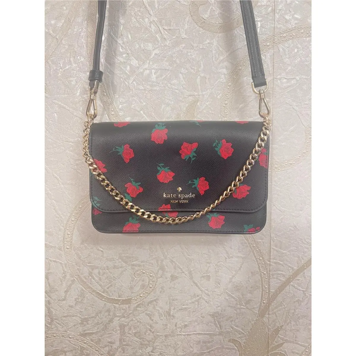 Kate Spade Crossbody Rose Print Bag with Decorative Chain and Adjustable Strap