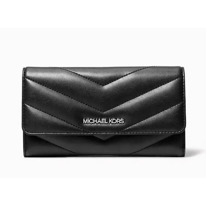 Michael Kors Jet Set Travel Large Trifold Wallet Quilted Black / Silver
