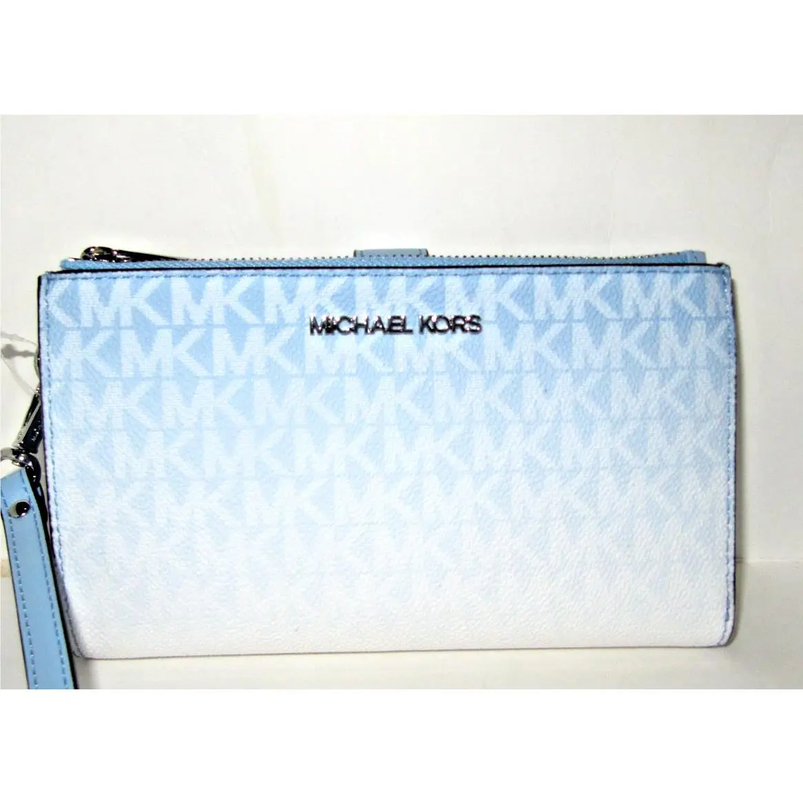 Michael Kors Jet Set Double Zip Wristlet Wallet Sky Logo Phone Pocket
