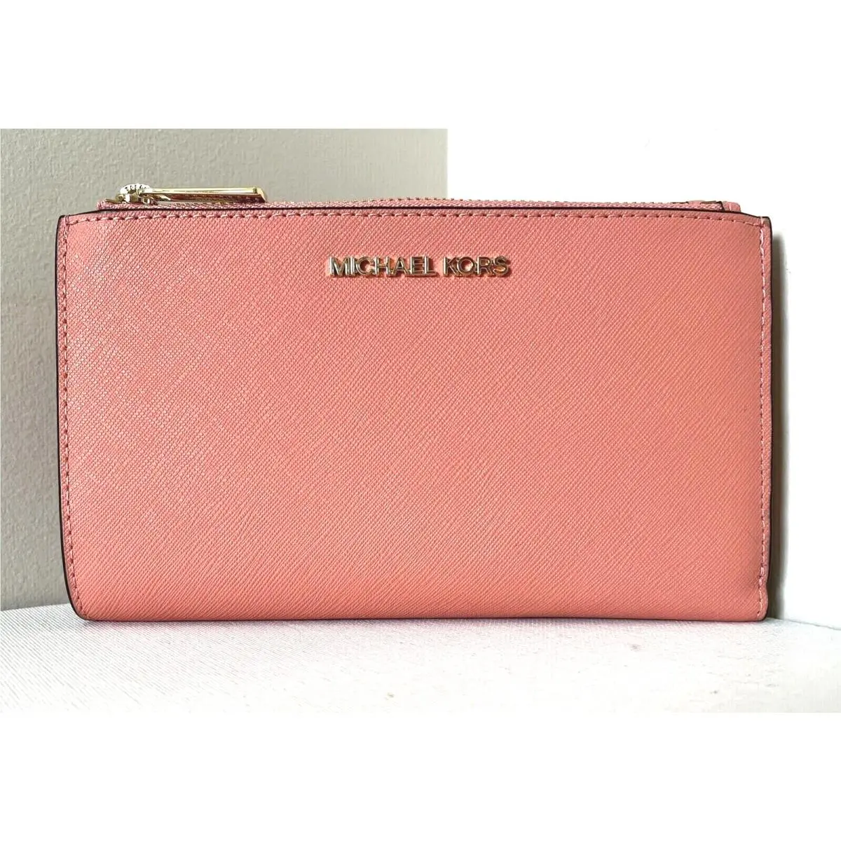 Michael Kors Jet Set Travel Double Zip Wallet Saffiano Leather Sherbert