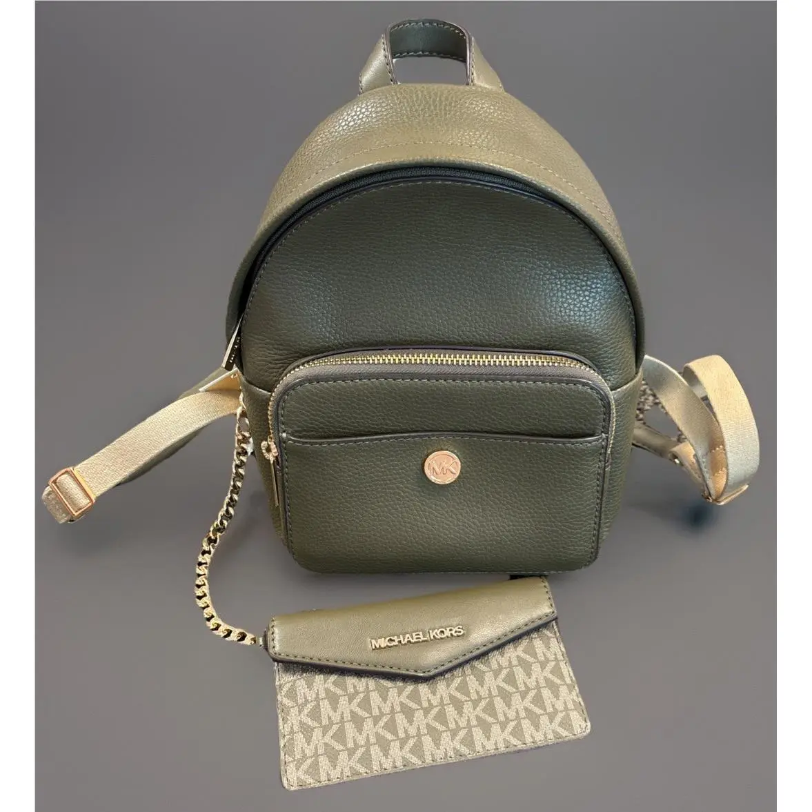 Michael Kors Olive Green Mini Pebbled Backpack with Gold Chain Wallet Pouch
