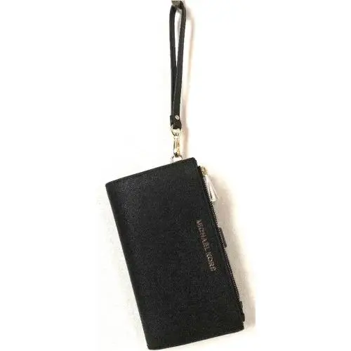 Michael Kors Jet Set Travel Double Zip Wristlet Leather Wallet Black / Gold