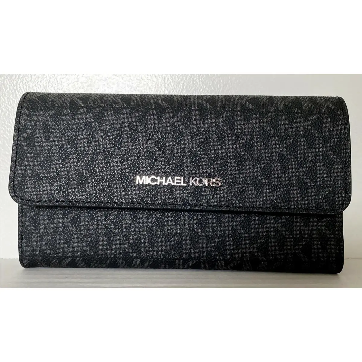 Michael Kors Jet Set Travel Large Signature Trifold Wallet Black with Silver