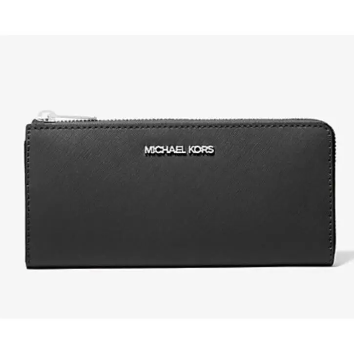 Michael Kors Jet Set Travel Large Leather Quarter-zip Wallet Black / Silver