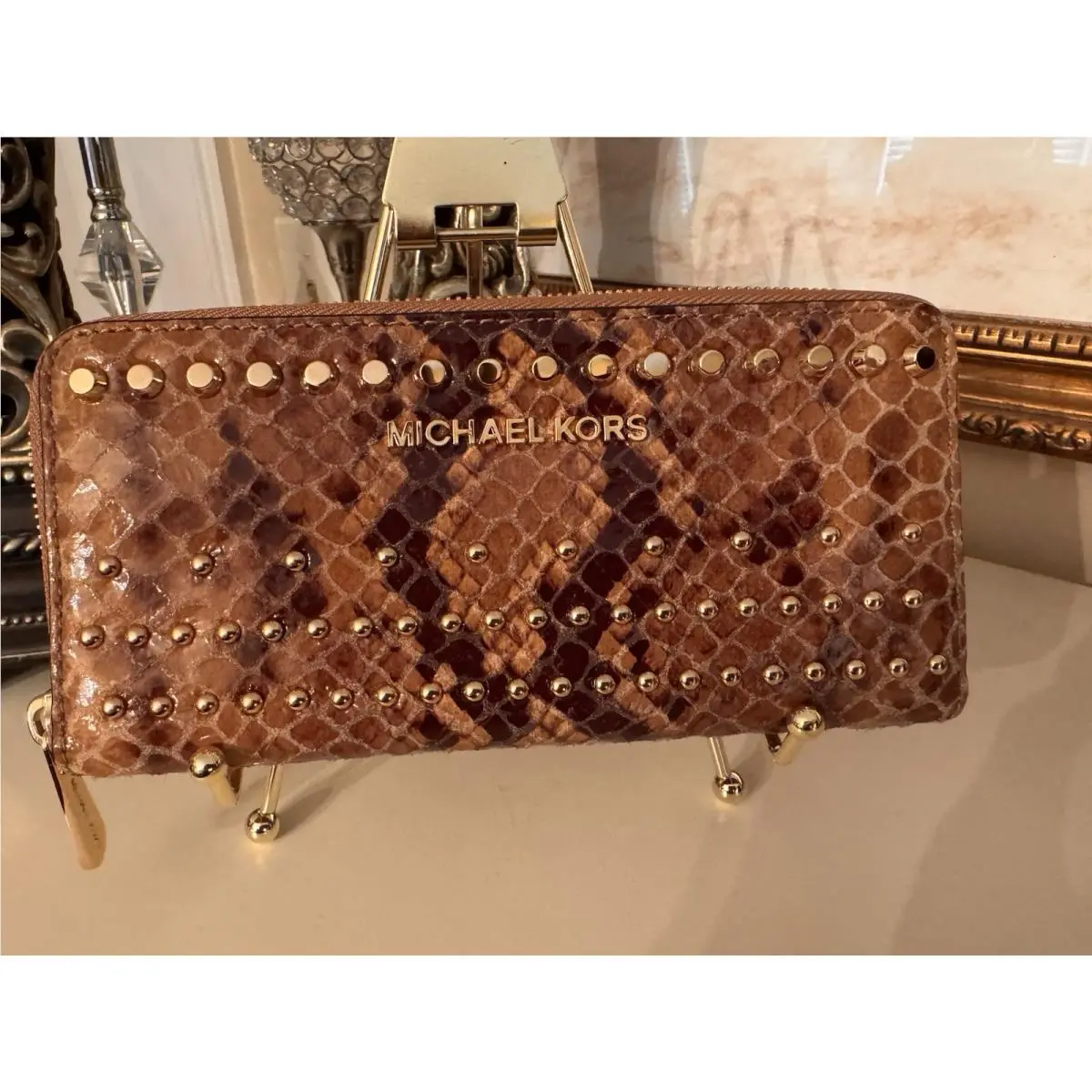 Michael Kors Jet Set Travel Brown MK Gold Stud Zip-around Continental Wallet