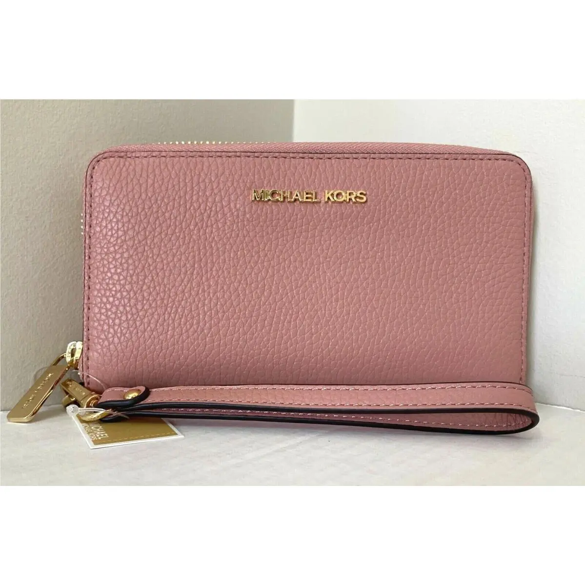 Michael Kors Jet Set Travel Large Flat Phone Case Pebble Leather Sunset Rose