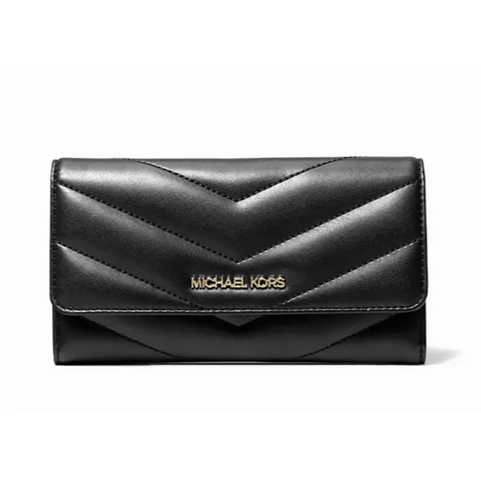 Michael Kors Jet Set Travel Large Trifold Wallet Leather Quilted Black /gold