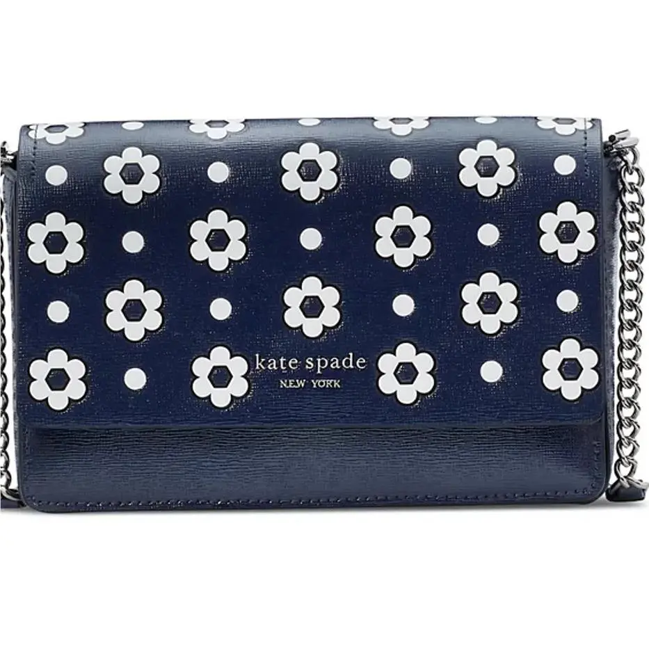 Kate Spade Morgan Daisy Embossed Saffiano Leather Crossbody Parisian Navy Silver