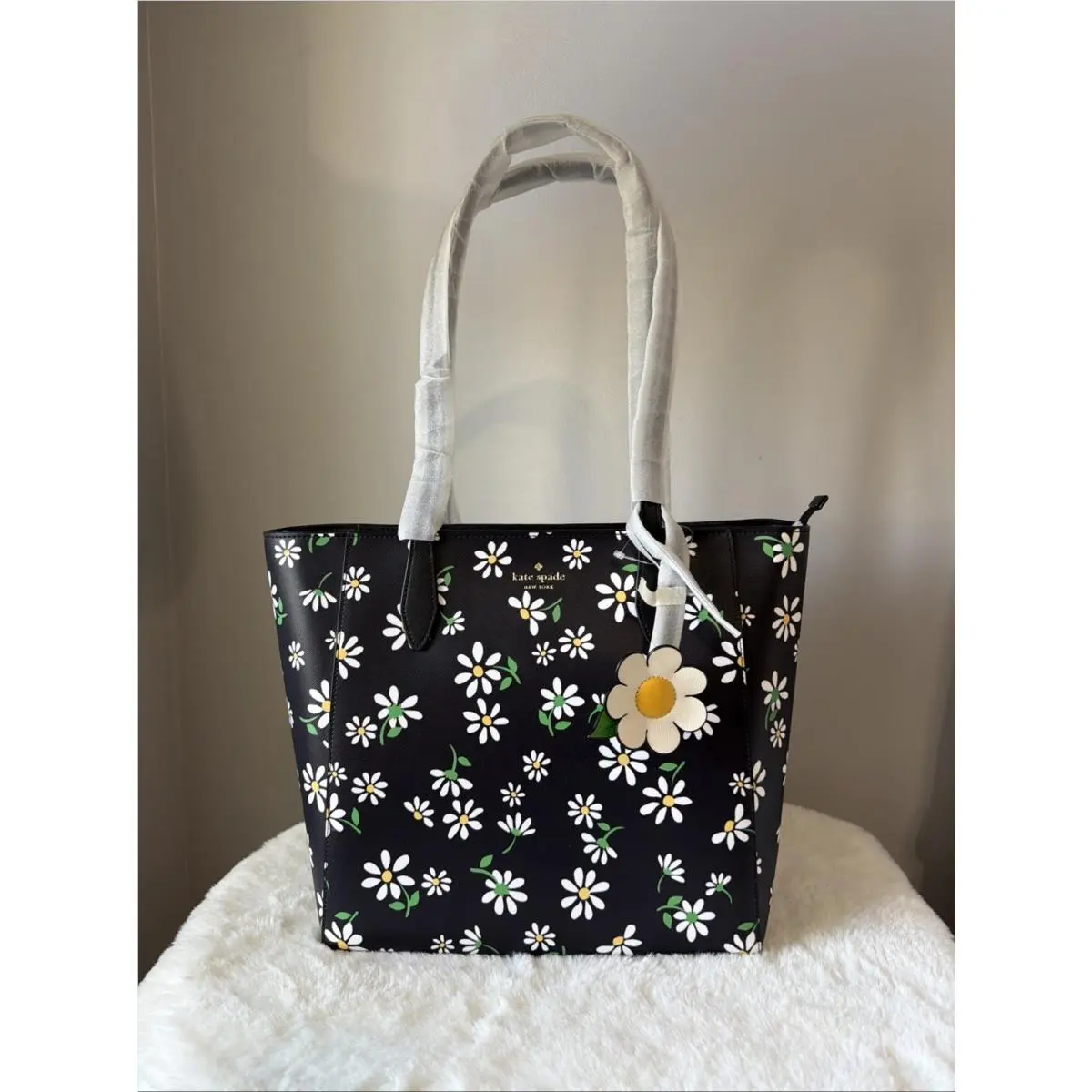 Dana Daisies Floral Large Tote Bag w/ Bag Charm Black Multi by Kate Spade